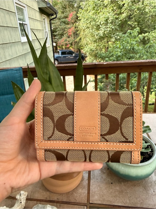 Coach Handbags - Coach Brown and Tan Signature Canvas Compact Wallet
